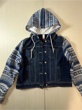 No Boundaries Navy Denim Jacket with Blue & White Patterned Hood and Sleeves
